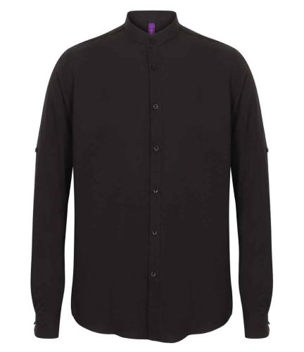 Henbury Mandarin Roll Slve Shirt - Black - L